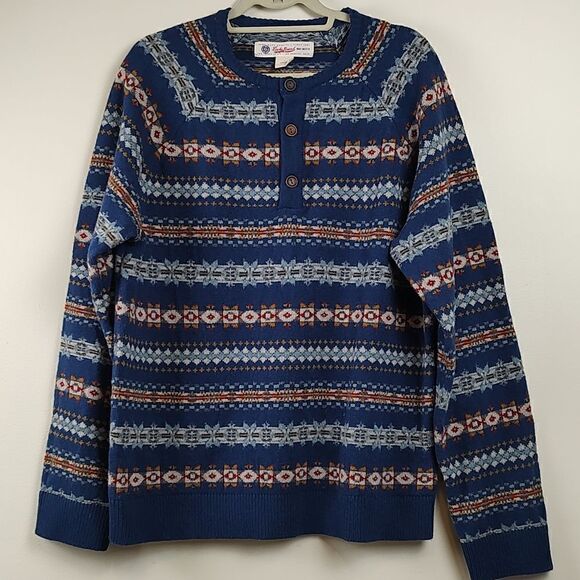 Lucky Brand Lambswool Striped Fair Isle Henley Sweater Unisex Size L - Picture 1 of 9